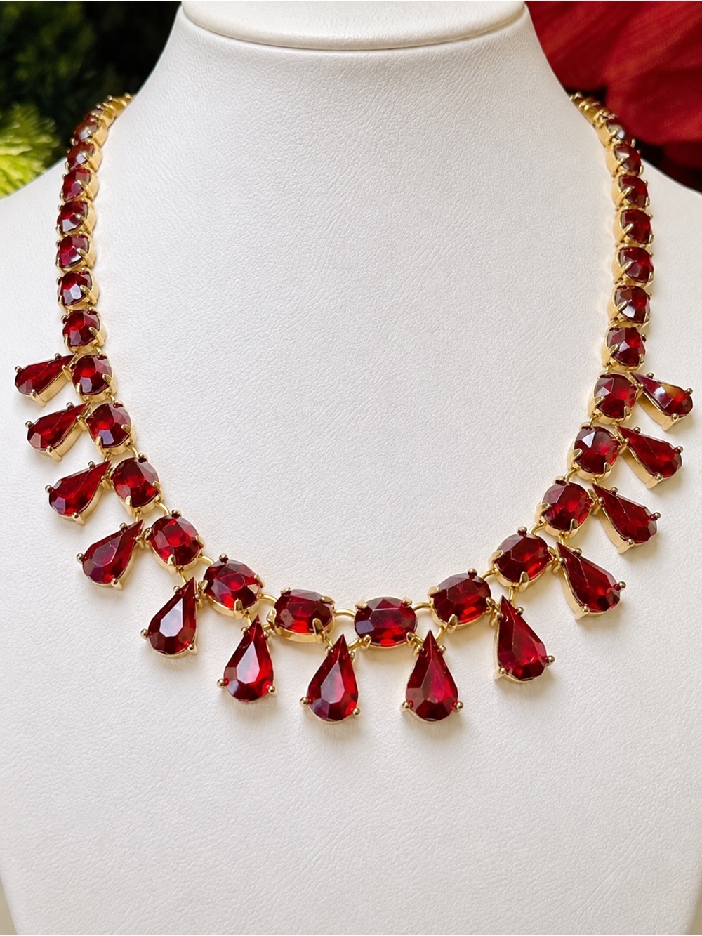 Vintage AVON Red Rhinestone Necklace Prong Set Teardrop Fringe Gold Tone